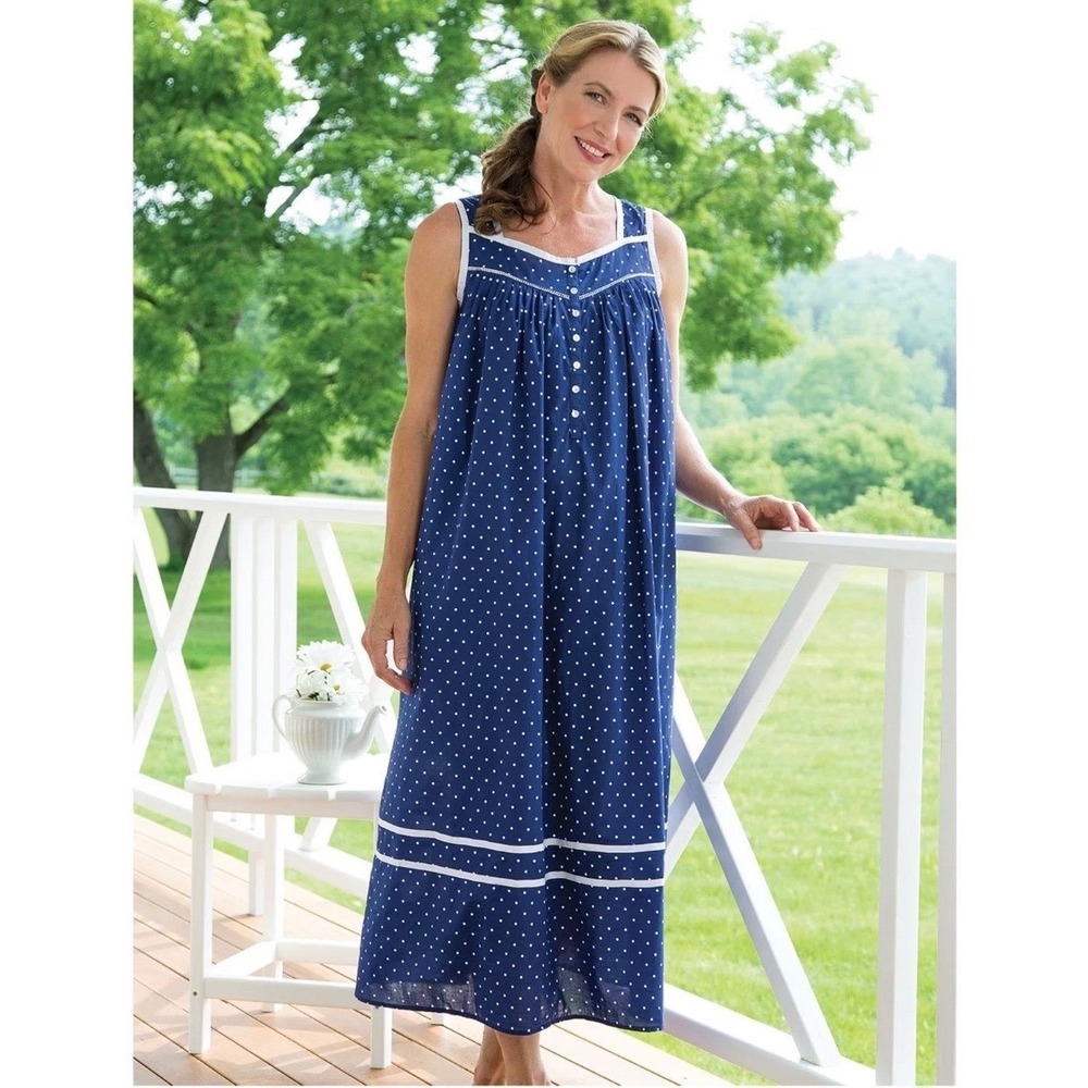 Eileen West Womens Summer Sleeveless Nightgown Pajamas XL Blue White Polka‎ Dots